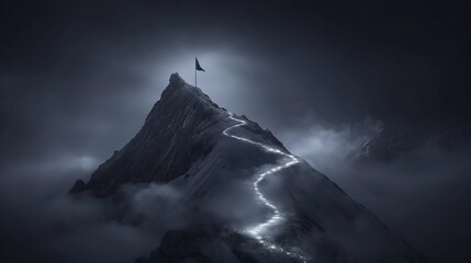 Path of Triumph Glowing Journey to Success with Flag on Mountain Summit