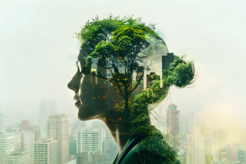 Double exposure portrait of asian woman with forest and city. World environment, Earth day. Environment and conservation concept. Environmental problems and protection. Caring for nature and ecology
