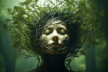 Portrait of mother Earth with tree roots and plants. International Mother Earth Day. Environment and conservation concept. Environmental problems and protection. Caring for nature and ecology