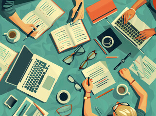 Creative Individuals Crafting Rules on Desk - Flat Style Vector Illustration