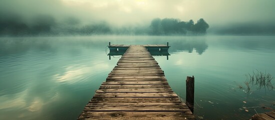 The image depicts a wooden dock extending into a calm body of water, creating a serene and...