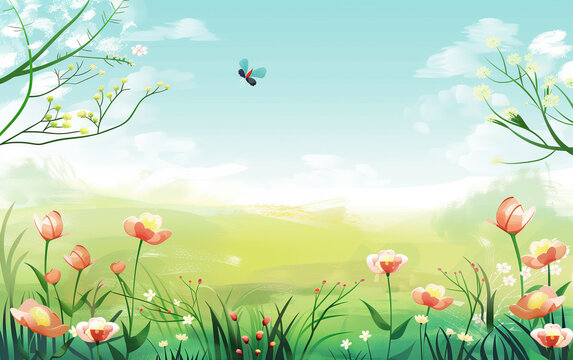 Spring field landscape illustration,created with Generative AI tecnology.
