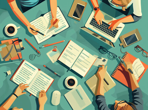 Creative Individuals Crafting Rules on Desk - Flat Style Vector Illustration