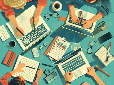 Creative Individuals Crafting Rules on Desk - Flat Style Vector Illustration