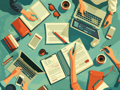 Creative Individuals Crafting Rules on Desk - Flat Style Vector Illustration