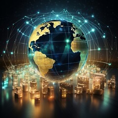 The image created encapsulates a futuristic vision of global business connectivity and technology, showcasing a world map and globe surrounded by symbols of internet, network, data technology, and dig