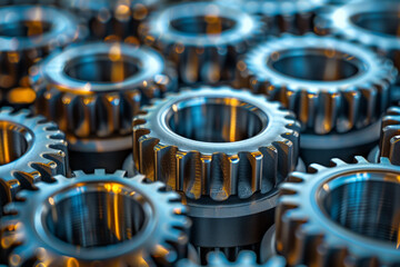 Multiple iron gears are positioned to mesh. Mechanical engineering and industry concept.