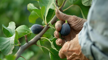 The skilled hands of a farmer carefully twisting and pulling a fig from its stem ensuring that no damage is done to either the fruit or the plant.