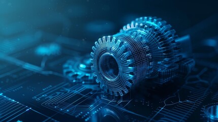 3D wireframe illustration of a gear on a dark blue background. Mechanical technology, industry development, engine work are machine engineering symbols. engine work, and business plan illustration. - obrazy, fototapety, plakaty