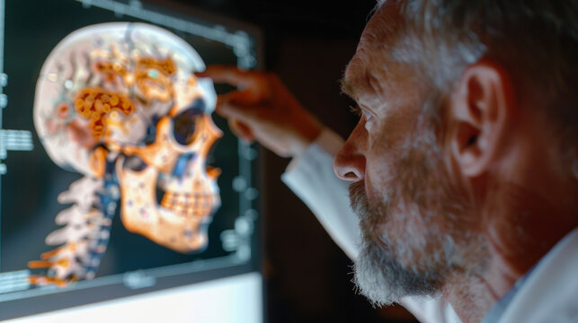 A surgeon studies a digital twin simulation of a patients skull carefully planning for a craniotomy in a virtual environment.