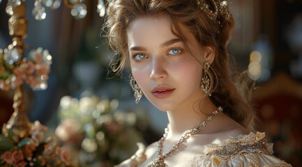 Elegant Victorian woman bathed in golden light with fine jewelry and elaborate gown, ai generated