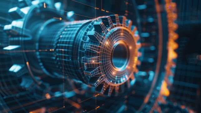 3D wireframe illustration of a gear on a dark blue background. Mechanical technology, industry development, engine work are machine engineering symbols. engine work, and business plan illustration.