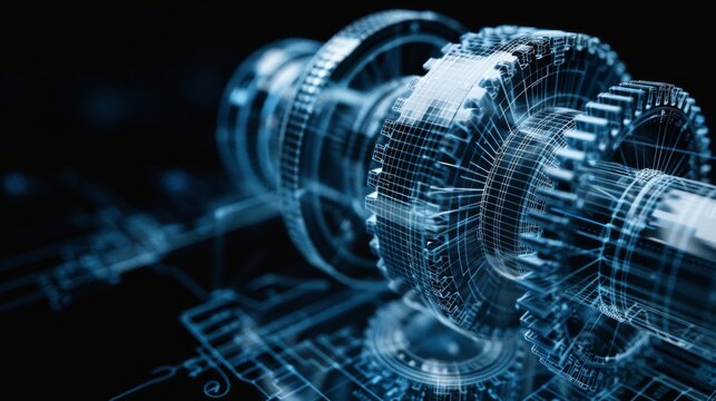 3D wireframe illustration of a gear on a dark blue background. Mechanical technology, industry development, engine work are machine engineering symbols. engine work, and business plan illustration.