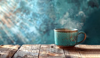 Foto op Aluminium Cup of coffee on a wooden table. Generated- AI © Tharika