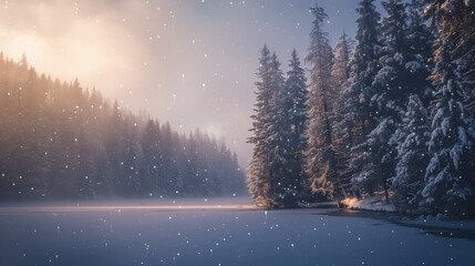 Magical snowy forest scene at dawn with soft light filtering through, ai generated