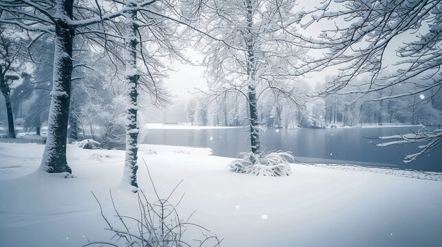 Serene winter landscape with snow-covered trees and a lake, ai generated
