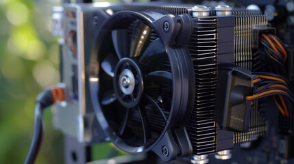 An upclose look at the small adjustable fins on the back of the fans motor.