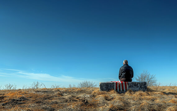  an american flag draped over a gravestone on a hill. veterans day illustration. Generated-AI