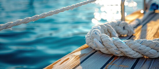 A detailed view of the ropes and boat fenders on a docked boat.