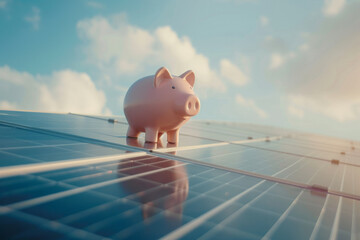 Solar energy money saving. A piggy bank money box on a solar energy panel - obrazy, fototapety, plakaty