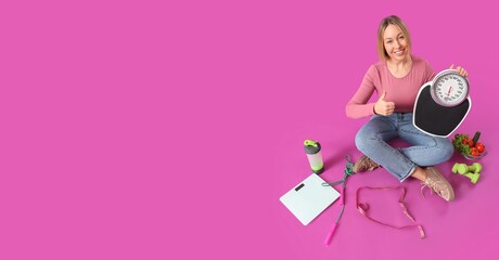 Woman with scales, sports equipment and vegetables showing thumb-up on magenta background with space for text. Weight loss concept