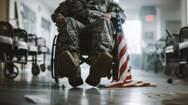 Close-up detail of man prosthetic leg in a wheelchair in a hospital, an American flag draped over his lap, Veterans day concept. Generated-AI
