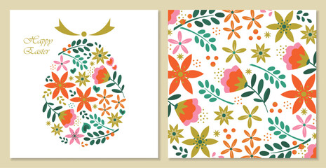 Fototapeta na wymiar 2 Easter design set. Flower Easter egg and flower background.