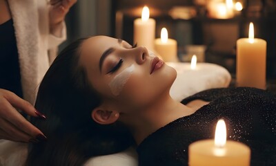 Obraz na płótnie Canvas A young woman lies down in a spa setting, enjoying a calming facial mask amidst lit candles. AI Generated