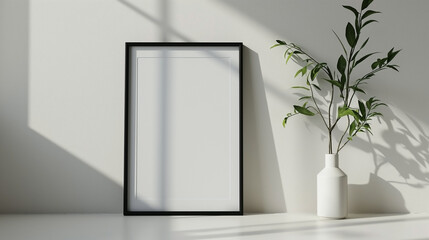Vertical frame for mockup. Minimal room interior with mock up photo frame.