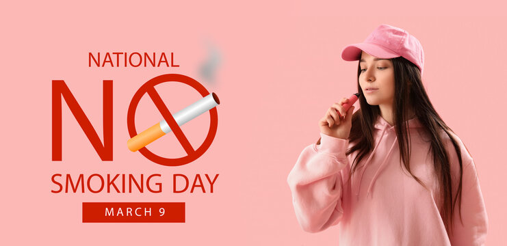 Young woman in cap with disposable electronic cigarette on pink background - Powered by Adobe