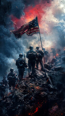 Create a detailed illustration of  World War II, the iconic moment of the US Marines raising the American flag atop Mount