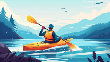 A man paddling a yellow kayak in the middle of a lake. Escapism concept, sport for introverts. Copy space.