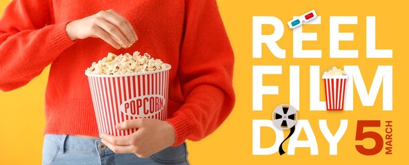 Banner for Reel Film Day with woman eating tasty popcorn