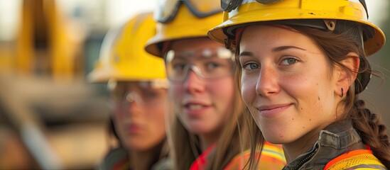 A group of empowered young female construction specialists, clad in hard hats and safety gear, are breaking barriers and shattering stereotypes in a male-dominated industry. They are confidently