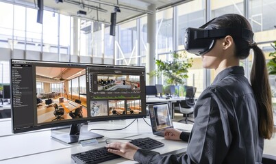 Woman Using VR Headset for Architectural Design