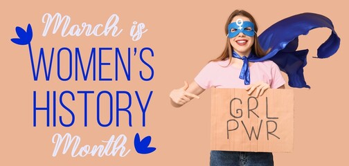 Banner with woman in superhero costume and text WOMEN'S HISTORY MONTH on beige background