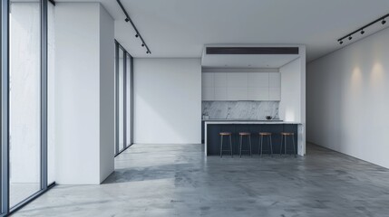 A modern kitchen with white walls, concrete floor, blue countertops and cupboards.