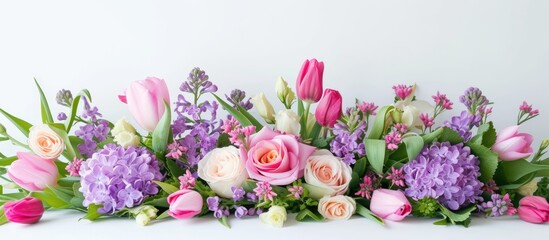 A stunning collection of lilac, violet, and pink flowers, including tulips, arranged beautifully on a white table.