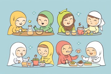 Cartoon cute doodles of characters waking up for suhoor before dawn and enjoying a wholesome meal to start their fast during Ramadan, Generative AI