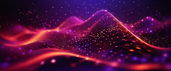 Wave of dots and weave lines. Abstract purple  background for design on the topic of cyberspace, big data, metaverse, network security, data transfer on dark red abstract cyberspace background - obrazy, fototapety, plakaty