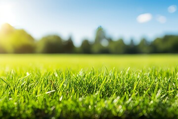 Close-up of freshly cut green grass lawn with a blurred background of trees and blue sky with white...