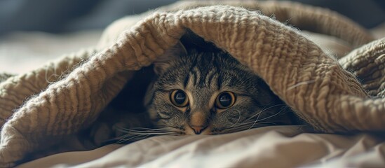 Obraz premium A frightened cat seeks safety from the unknown as it hides under a blanket on a bed.