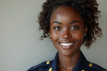 A cheerful young policewoman, adorned in her official uniform, beams with happiness as she gazes warmly into the camera. - obrazy, fototapety, plakaty
