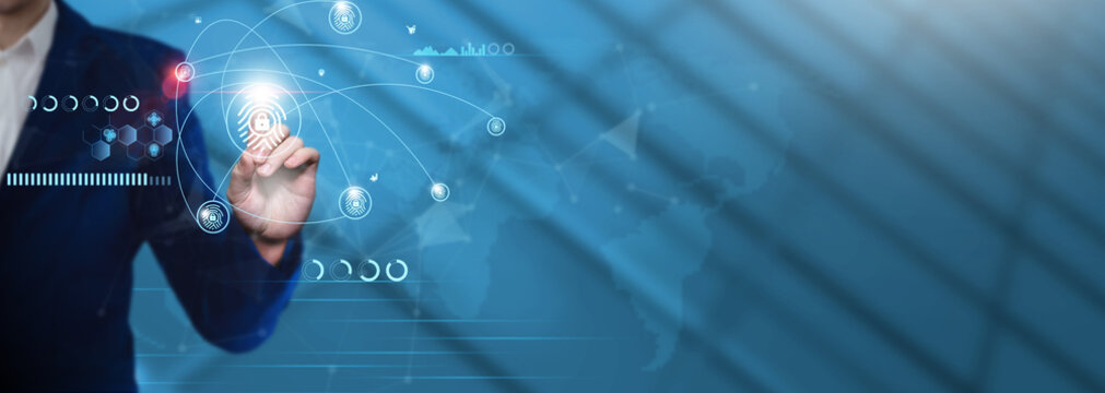 Biometric Security: Businessman Pointing with Biometric Security Icon and Technological Business Data Network. Identity Verification, Secure Access Control, Advanced Authentication.