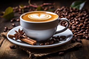 White cup of coffee with heart-shaped foam, cinnamon stick, and anise on saucer with roasted coffee beans on brown sackcloth and wooden table, cozy and inviting coffee scene