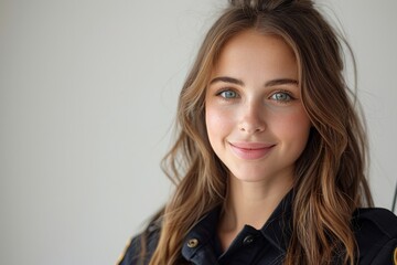 A cheerful young policewoman, adorned in her official uniform, beams with happiness as she gazes warmly into the camera.