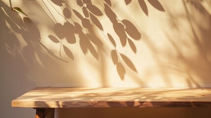 Blank brown wooden counter table in soft sunlight
