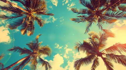 Vintage blue sky and palm trees view from below - obrazy, fototapety, plakaty