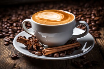 White cup of coffee with frothy foam and star anise, cinnamon sticks on a saucer with roasted coffee beans on wooden table background. Aromatic morning drink in a cozy coffee shop.