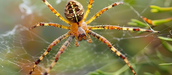 A close-up view of a spider diligently spinning its web on a green plant. The intricate details of the spiders body and the delicate threads of the web are visible.